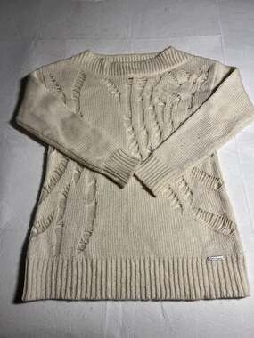 Michael Kors Womens XS Cream Distressed Ripped Knit Sweater Pullover